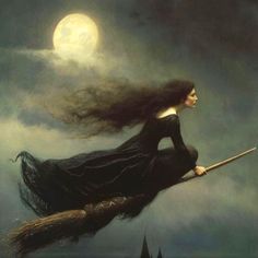 a painting of a woman on a broom flying in the air with a full moon behind her