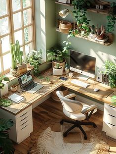 a home office with plants and a computer on the desk in front of a window