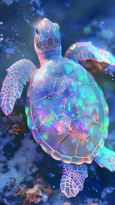 a green turtle swimming in the ocean with bubbles on it's back and head