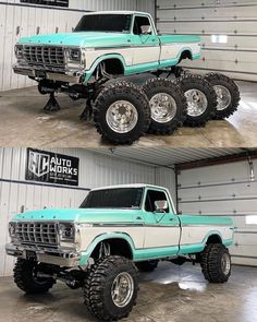 two pictures of the same truck in different stages