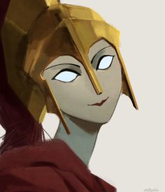 a close up of a cartoon character with blue eyes and gold headgear on