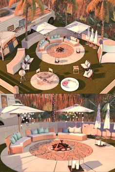 two different views of an outdoor living area with furniture and umbrellas on the ground