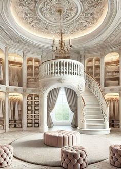 an elegant room with white walls and chandelier in the center, surrounded by pink ottomans