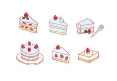 a bunch of different types of cakes and desserts with strawberries on the top