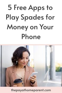 a woman texting on her phone with the title 5 free apps to play spades for