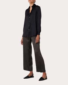 Menswear Inspiration, Drape Top, The Boyfriend, Draped Top, Satin Shirt, Peplum Hem, Shell Buttons, Boyfriend Shirt, Flare Trousers