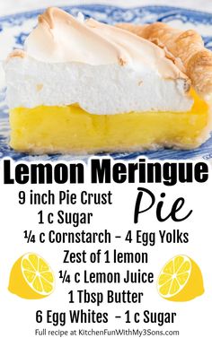 a lemon meringue pie on a blue and white plate with text overlay