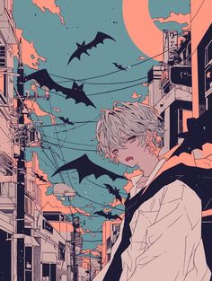 a person standing in the middle of a street with bats flying over them and buildings