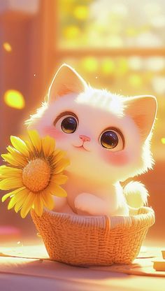 a white kitten sitting in a basket holding a sunflower