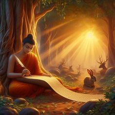 a painting of a person sitting in the woods with an open book and some animals