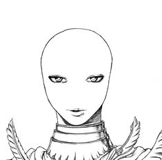 a black and white drawing of a woman's face with feathers around her neck