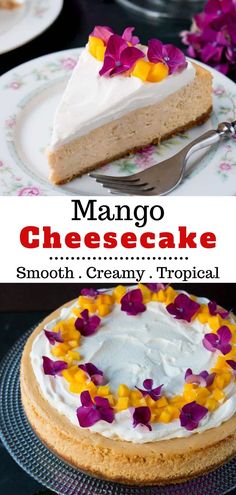 a slice of mango cheesecake with white frosting and purple flowers on the top