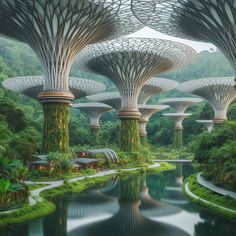 an artist's rendering of the interior of a futuristic city with trees and water