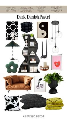 a collage of different furniture and decor items in black, white, pink, green