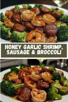 there are two pictures of shrimp and broccoli on the same plate