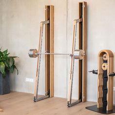 a couple of gym equipment sitting on top of a wooden floor next to a potted plant