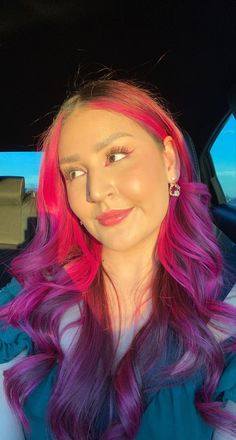 Magenta Hair With Pink Money Piece, Purple Hair Pink Money Piece, Berry Pink Hair, Purple Balayage Hair, Long Pink And Purple Hair, Hair Older Women, Magenta To Pink Ombre Hair, Magenta And Light Pink Hair, Purple Balayage