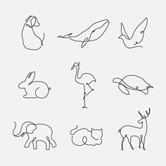 six different types of animals drawn in one line