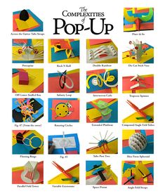 the complete book of pop - up is shown in various colors and shapes, including paper