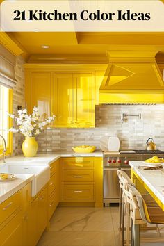 Yellow kitchens radiate warmth and positivity. Choose from soft pastel yellows for a subtle touch or bold, sunny shades for a cheerful vibe Diy Painted Cabinets, Tile Paint Ideas, Yellow Gray Bedroom, Kitchen Color Yellow, Kitchen Color Ideas, Yellow Cabinets