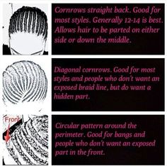 Basic Crochet Braid Patterns. 90% of my styles are created with 12-14 cornrows going straight back. Basic patterns are the most conducive to scalp accessibility, versatility with styling, edge retention and braid removal. Basically, you keep your hair, lol! #crochetbraids #protectivestyles #hairextensions #crochetbraidsbytwana Crotchet Braid Pattern, Crochet Braids Marley Hair, How To Braid, Crochet Hairstyles, Crochet Styles, Marley Hair, Types Of Braids, Crochet Braid Styles