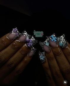 #nails Purple Charm Nails, Purple Junk Nails, Purple Duck Nails, Birthday Bling Nails, Purple Bling Nails, Long Junk Nails, Junk Nails Bling, Nails Acrylic Long, Shorties Nails