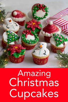 christmas cupcakes with frosting and decorations on them are displayed in front of the words amazing christmas cupcakes