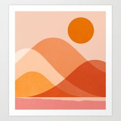 an orange and pink art print with mountains in the background