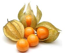 three orange berries and two green leaves on a white background