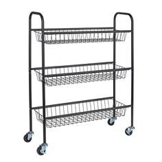 a three tiered metal rack with wheels