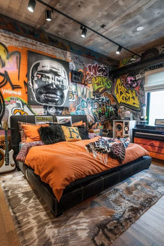 a bed room with a neatly made bed and lots of graffiti on the wall behind it