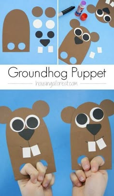 the groundhog puppet is made with construction paper and glue to make it look like an animal