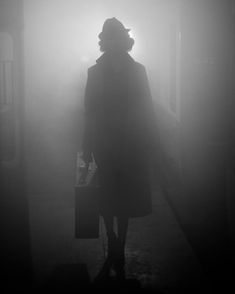 a person in a coat and hat walking through the foggy hallway with suitcases