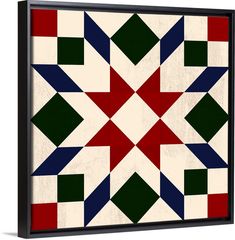 an abstract geometric design in red, green, and blue framed canvas wall art print