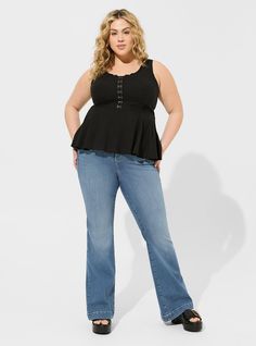 FIT Model is 5'10” wearing size 1. Flowy babydoll silhouette. Measures 30” from shoulder (from shoulder). MATERIALS + CARE Challis woven fabric: New, improved, and loved by all—and still lightweight, drapey, and (really! ) machine-washable. . Stretch level: None. . 72% viscose, 28% lyocell. Machine wash cold. Tumble dry low. Imported. DETAILS Square neckline. . Sleeveless. . Waistband and tie details. Smocked back. The best plus size women's babydoll washable challis corset sleeveless top bustie Corset Crop Top, Lace Corset, Bustier Top, Cami Tanks, Square Neckline, Woven Fabric, Baby Dolls, Sleeveless Top, Fitness Models