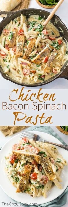 chicken bacon spinach pasta in a cast iron skillet on a table with bread