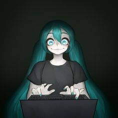 a girl with blue hair is using a laptop in front of her face and hands