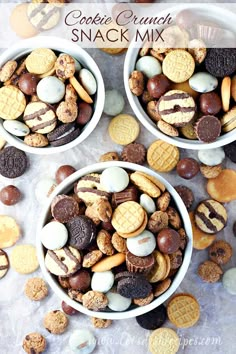 two white bowls filled with cookies and other snacks