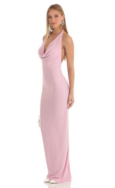 Gathered Back Halter BodyCon Maxi Dress in Pink Baby Pink Dresses, Bridesmaid Ideas, Pink Long Dress, Bodycon Maxi Dress, Light Pink Dress, Halter Top Dresses, Lucy In The Sky, Pink Formal Dresses, Prom Dress Inspiration