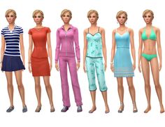 six female mannequins in various colors and sizes, all wearing swimsuits