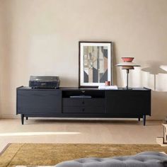 a living room scene with focus on the entertainment center and rug in the foreground