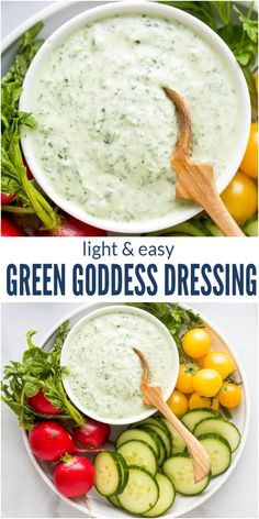 green goddess dressing in a white bowl with cucumbers and tomatoes