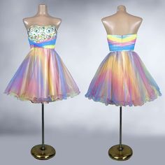 This Is The Most Amazing Vintage Y2k/2000's Formal Party Dress Made By "Cire, A Division Of Landa". It Is Made Of 3 Layers Of Rainbow "Popsicle" Tulle With A Light-Yellow Satin Lining. The Bodice Is Strapless And Fully Boned Like A Bustier And Is Embellished With Colorful Gems And Beading. It Features A Sweetheart Neckline And A Fitted Waist. The Sweep Is Mini Length, And The Tulle Hem Is Edged With Stiffeners That Make It Curl And Stand Out Very Full Like A Tutu. This Is A Candyland Dream Dress That Was Discontinued By The Maker Many Years Ago And Retailed For $300! If You're Looking To Make A Statement When You Walk Into The Room, Look No Further! Labeled A Size 6 - Vintage Sizes Are Multicolor Prom Dress For Party Season, Multicolor Dresses For Prom And Party Season, Multicolor Cocktail Dress For Prom Season, Multicolor Strapless Prom Dress, Multicolor Mini Dress For Party Season, Multicolor Strapless Dress For Party Season, Multicolor Sleeveless Prom Dress, Tutu Party, Yellow Satin