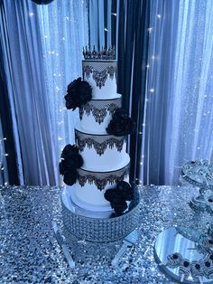 Black swan quinceañera cake white and black wedding cake Quinceanera Themes Black, Black Xv Theme, Quinceanera Cakes Black, Black Quiencera Theme, Gothic Quinceanera Decorations, Cake Designs Quinceanera, Quinceanera Dresses Black And White, Black And White Sweet 16 Cake, Black And Silver Quinceanera Decorations