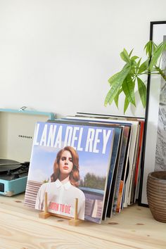 a record player sitting on top of a wooden shelf next to a potted plant