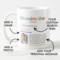 a white coffee mug with the words grandmother on it and an image of two children hugging each other