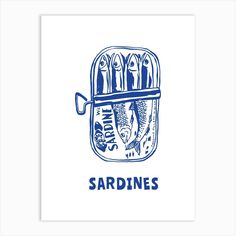 a blue and white illustration of sardines in a jar with the words sardines on it