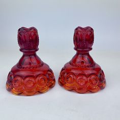 Highly sought after gorgeous set of vintage amberina Moon and Stars candle holders by LE Smith Glass Co! Used vintage condition – no chips or cracks! Dimensions: 4 1/2” tall x 4” diameter at base. Spot for candle has a 7/8” diameter. Please see all photos (zoom/enlarge) for complete condition. Star Candle Holder, Moon And Stars, Moon Stars, Red Glass, Candlestick Holders, Glass Set, Stars And Moon, Candle Holders, Chips