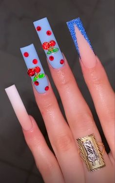 Beach Nails Art, Coffin Nail Designs, 2023 Nail, Nails Art Ideas, Long Acrylic Nail Designs, Cherry Nails, Cute Acrylic Nail Designs, Coffin Shape Nails, Acrylic Nails Coffin Pink