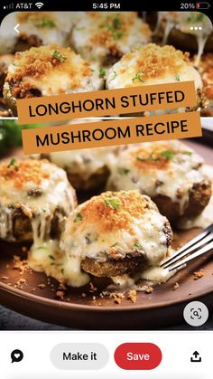 an iphone photo with the text longhorn stuffed mushroom recipe on it